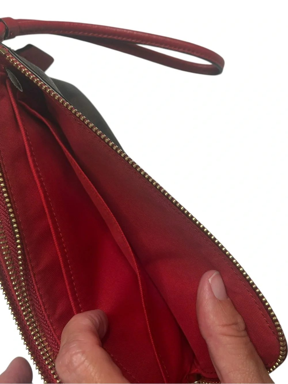 Coach Double Zip Wristlet Signature Canvas Brown Red PVC Leather Wallet Clutch